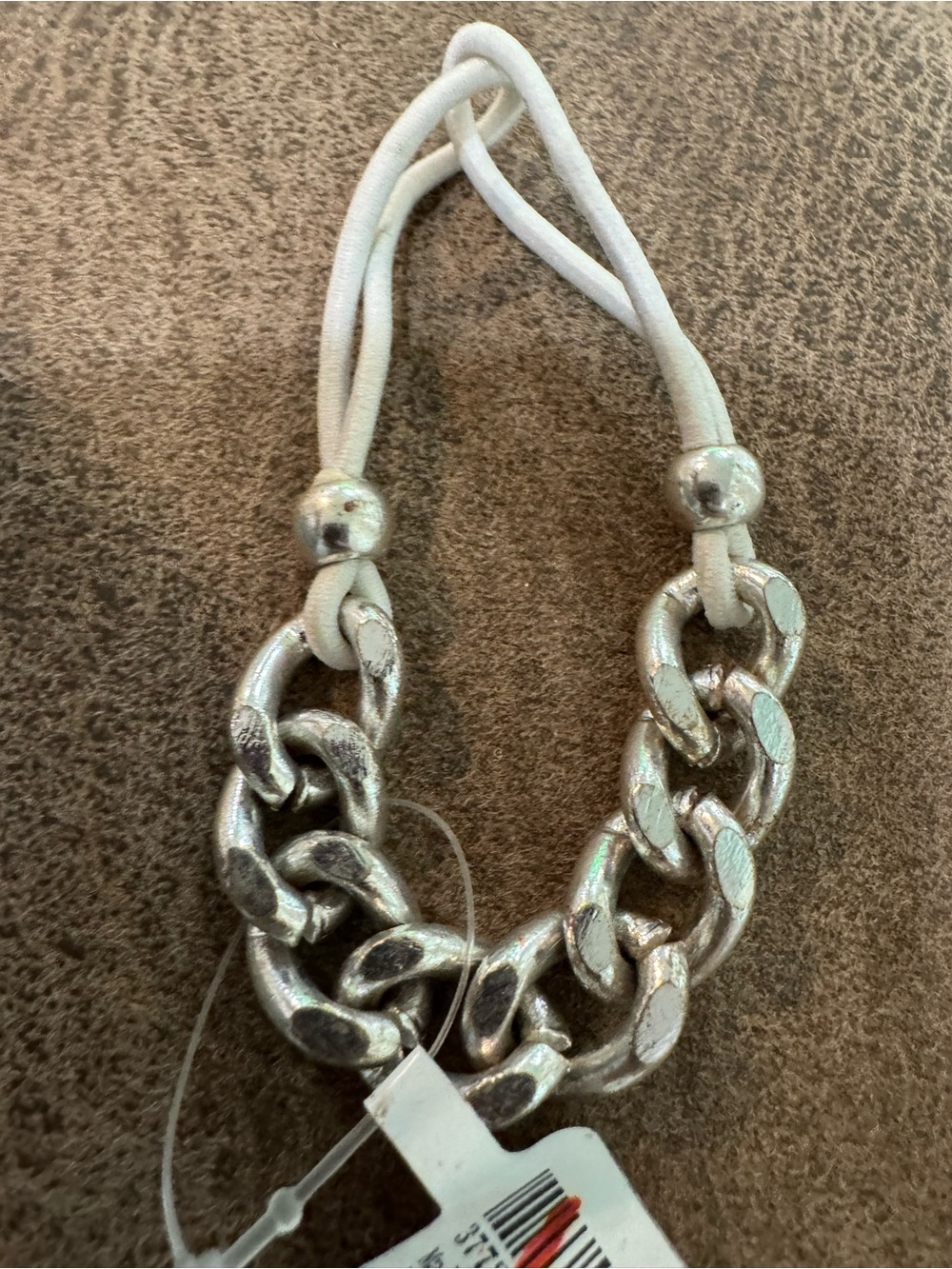 Chunky Silver-Tone Chain Bracelet with Cream Cord